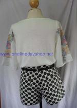 กางเกงยีนส์ เอวสูง ขาสั้น size XL ลาย polka dot พื้นขาวจุดดำ 